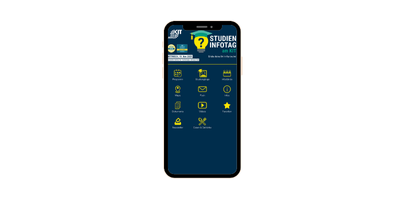 Smartphone-Bildschirm mit Studieninfotag-App des Karlsruher Instituts für Technologie (KIT).