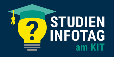 Logo Studieninfotag am KIT mit Glühbirne und Doktorhut vor blauem Hintergrund